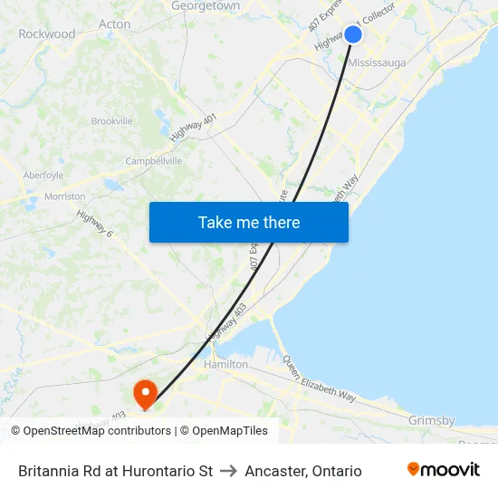 Britannia Rd at Hurontario St to Ancaster, Ontario map