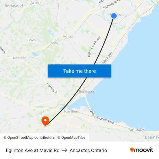 Eglinton Ave at Mavis Rd to Ancaster, Ontario map