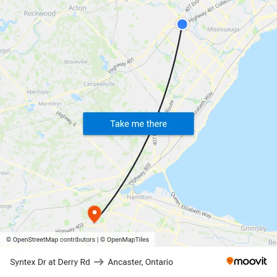 Syntex Dr at Derry Rd to Ancaster, Ontario map