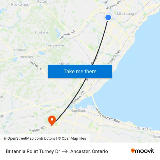 Britannia Rd at Turney Dr to Ancaster, Ontario map