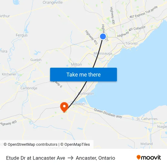 Etude Dr at Lancaster Ave to Ancaster, Ontario map