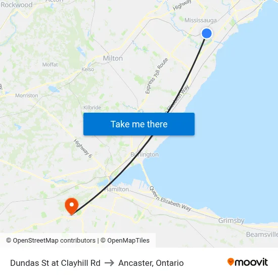 Dundas St at Clayhill Rd to Ancaster, Ontario map