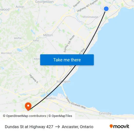 Dundas St at Highway 427 to Ancaster, Ontario map