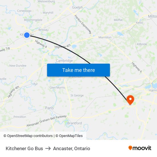 Kitchener Go Bus to Ancaster, Ontario map