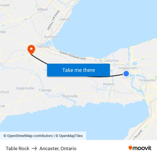 Table Rock to Ancaster, Ontario map