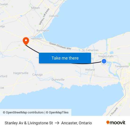 Stanley Av & Livingstone St to Ancaster, Ontario map