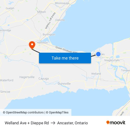 Welland Ave + Dieppe Rd to Ancaster, Ontario map