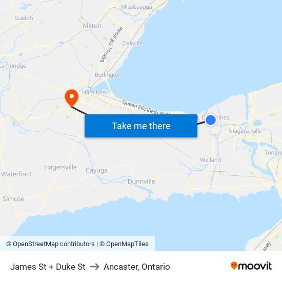 James St + Duke St to Ancaster, Ontario map