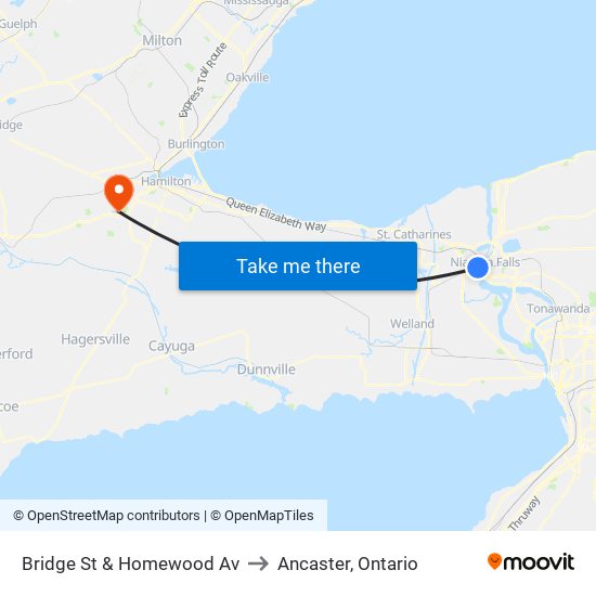 Bridge St & Homewood Av to Ancaster, Ontario map