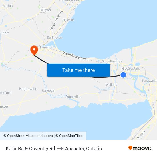 Kalar Rd & Coventry Rd to Ancaster, Ontario map