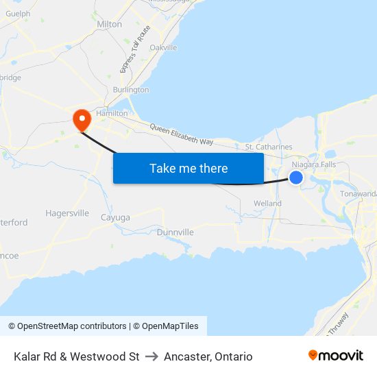 Kalar Rd & Westwood St to Ancaster, Ontario map