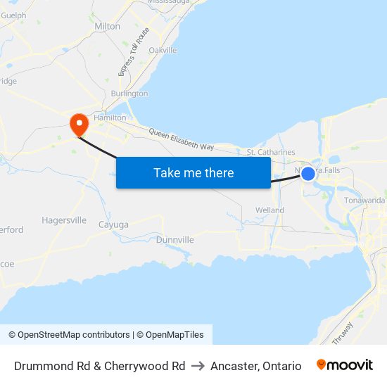 Drummond Rd & Cherrywood Rd to Ancaster, Ontario map