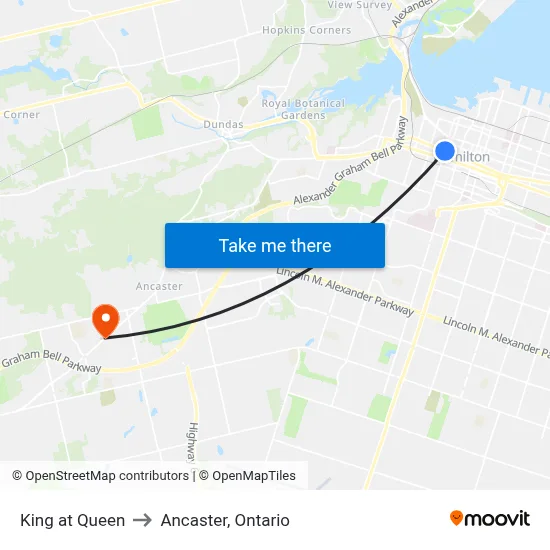 King at Queen to Ancaster, Ontario map