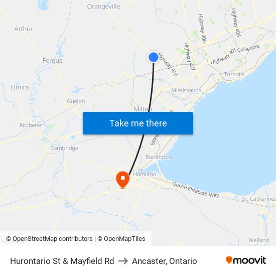 Hurontario St & Mayfield Rd to Ancaster, Ontario map