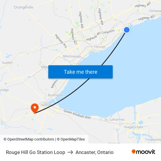 Rouge Hill Go Station Loop to Ancaster, Ontario map