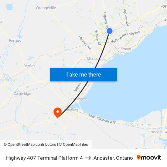 Highway 407 Terminal Platform 4 to Ancaster, Ontario map