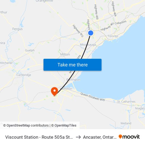 Viscount Station - Route 505a Stop to Ancaster, Ontario map