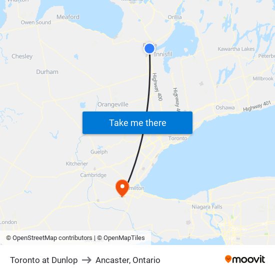 Toronto at Dunlop to Ancaster, Ontario map