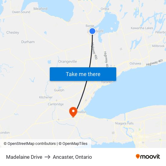 Madelaine Drive to Ancaster, Ontario map