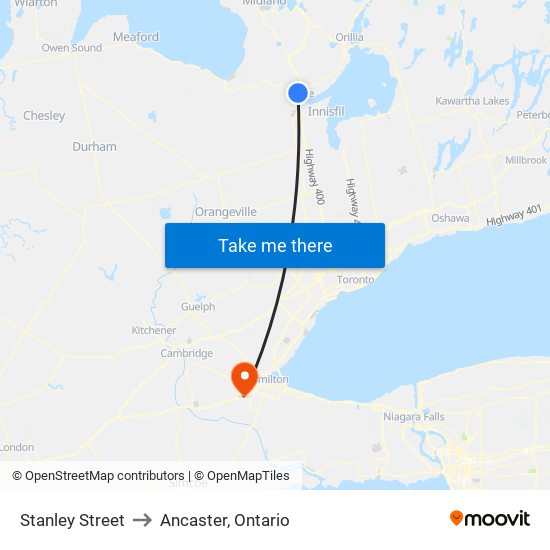 Stanley Street to Ancaster, Ontario map