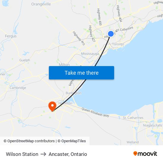 Wilson Station to Ancaster, Ontario map