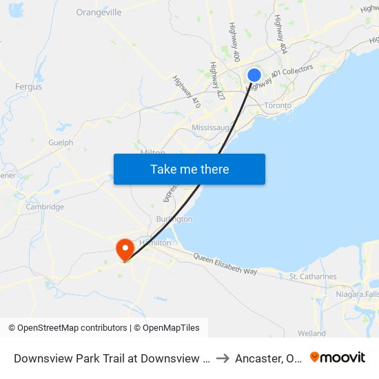 Downsview Park Trail at Downsview Park Station to Ancaster, Ontario map