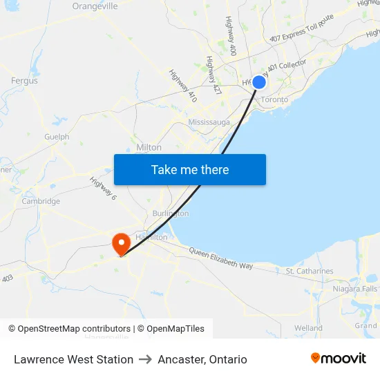 Lawrence West Station to Ancaster, Ontario map