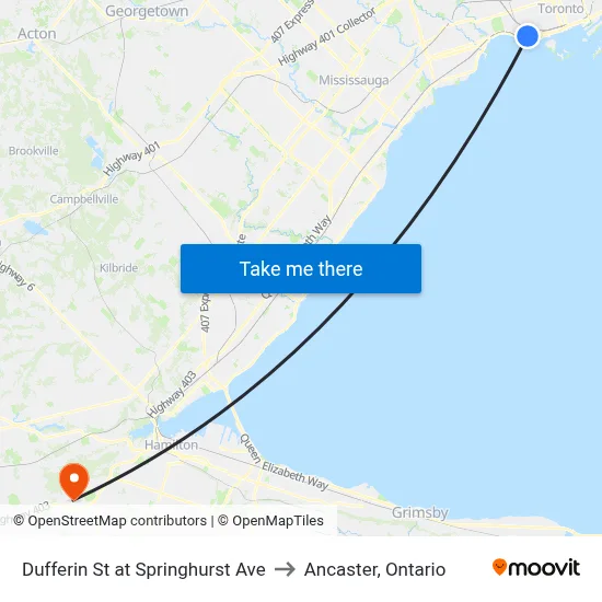Dufferin St at Springhurst Ave to Ancaster, Ontario map