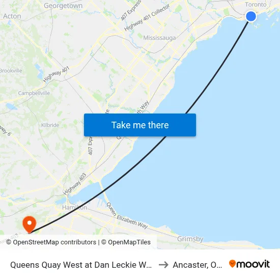 Queens Quay West at Dan Leckie Way East Side to Ancaster, Ontario map