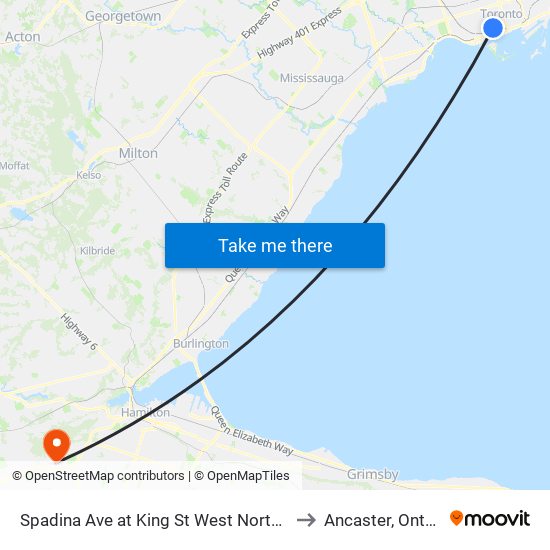 Spadina Ave at King St West North Side to Ancaster, Ontario map