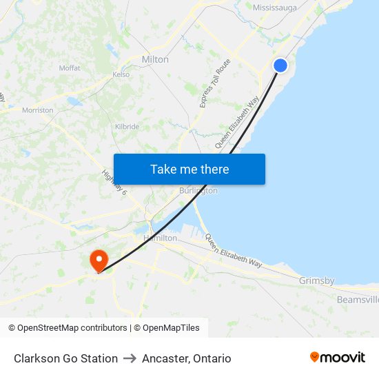 Clarkson Go Station to Ancaster, Ontario map