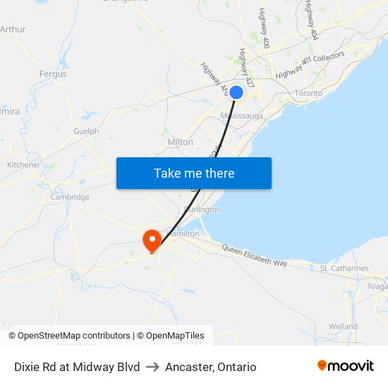 Dixie Rd at Midway Blvd to Ancaster, Ontario map