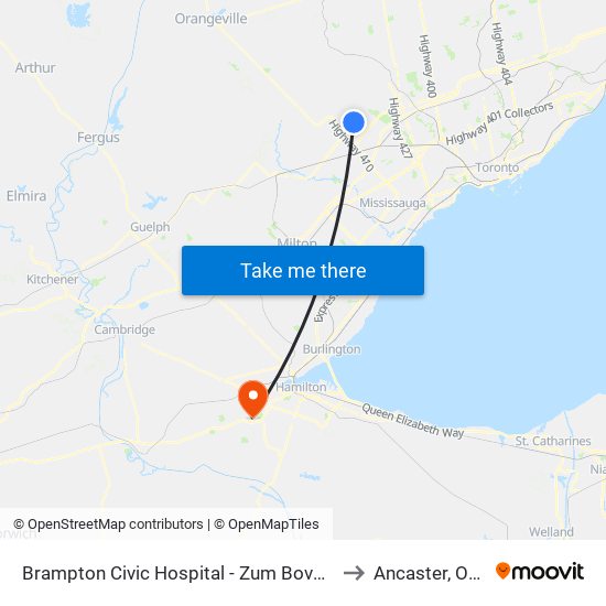 Brampton Civic Hospital - Zum Bovaird Stop Eb to Ancaster, Ontario map