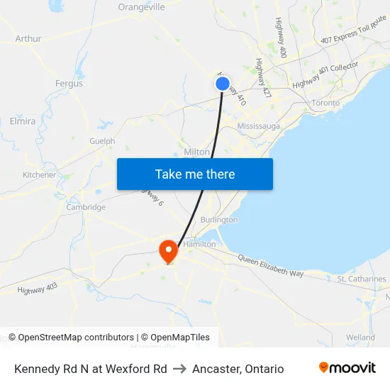 Kennedy Rd N at Wexford Rd to Ancaster, Ontario map
