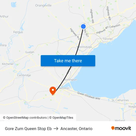 Gore Zum Queen Stop Eb to Ancaster, Ontario map