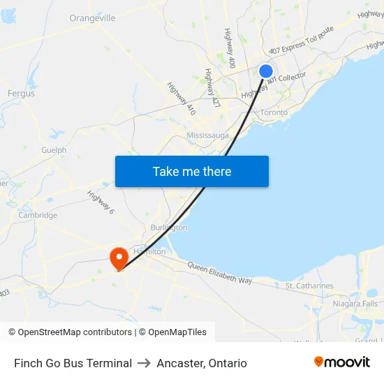 Finch Go Bus Terminal to Ancaster, Ontario map