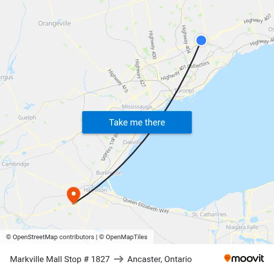 Markville Mall Stop # 1827 to Ancaster, Ontario map