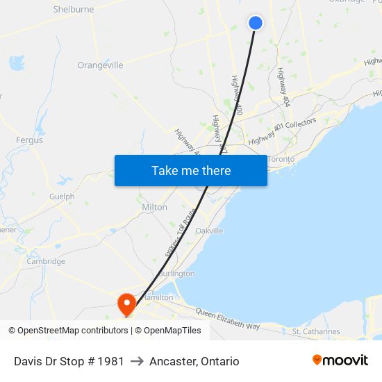 Davis Dr Stop # 1981 to Ancaster, Ontario map