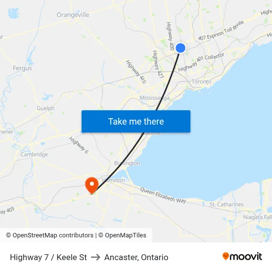 Highway 7 / Keele St to Ancaster, Ontario map