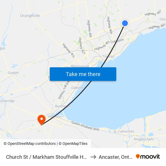 Church St / Markham Stouffville Hospital to Ancaster, Ontario map