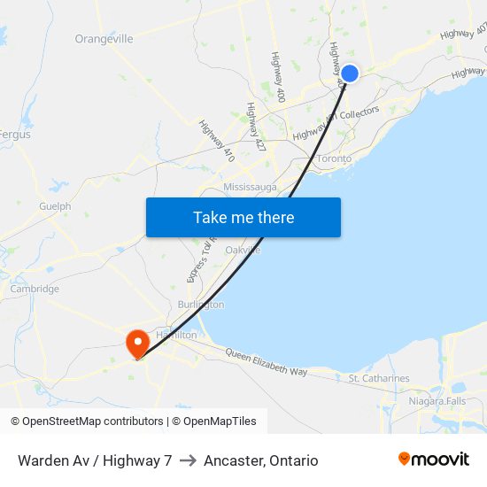 Warden Av / Highway 7 to Ancaster, Ontario map