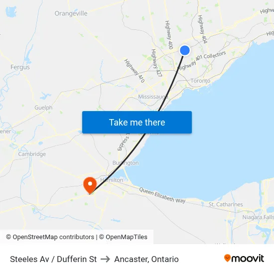 Steeles Av / Dufferin St to Ancaster, Ontario map