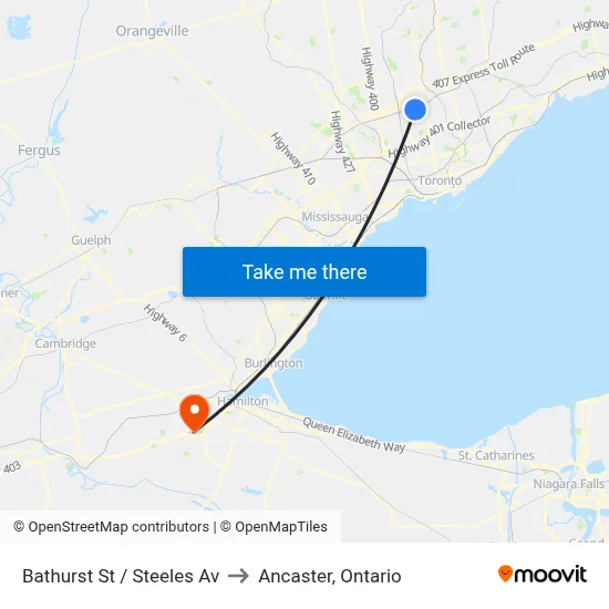 Bathurst St / Steeles Av to Ancaster, Ontario map