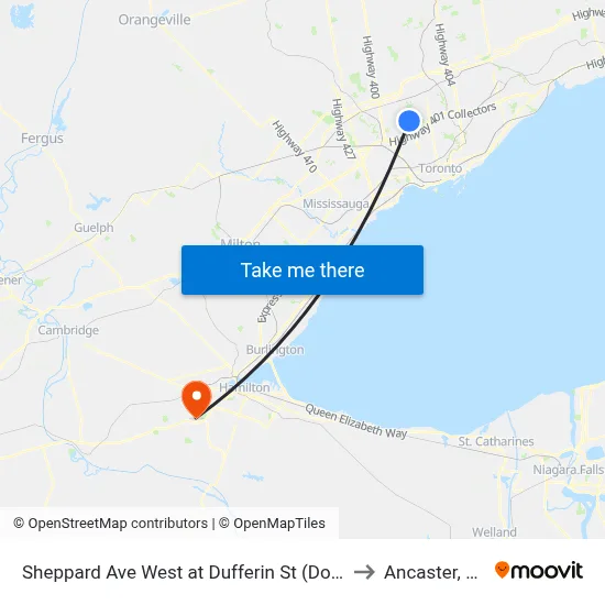 Sheppard Ave West at Dufferin St (Downsview Station) to Ancaster, Ontario map