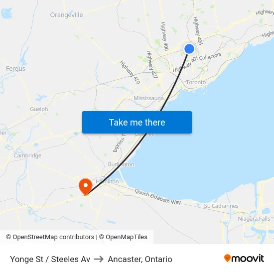 Yonge St / Steeles Av to Ancaster, Ontario map