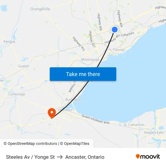 Steeles Av / Yonge St to Ancaster, Ontario map
