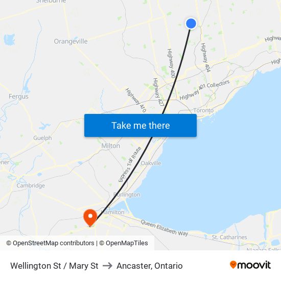 Wellington St / Mary St to Ancaster, Ontario map