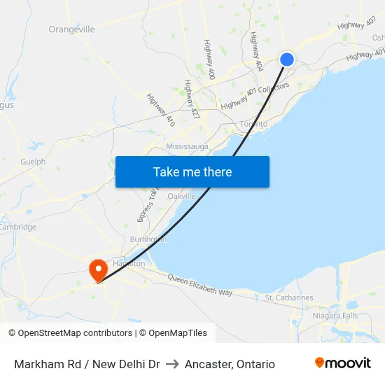 Markham Rd / New Delhi Dr to Ancaster, Ontario map