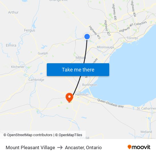 Mount Pleasant Village to Ancaster, Ontario map