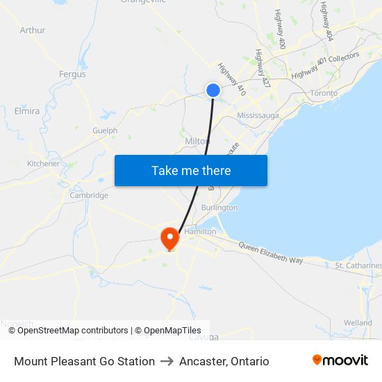 Mount Pleasant Go Station to Ancaster, Ontario map